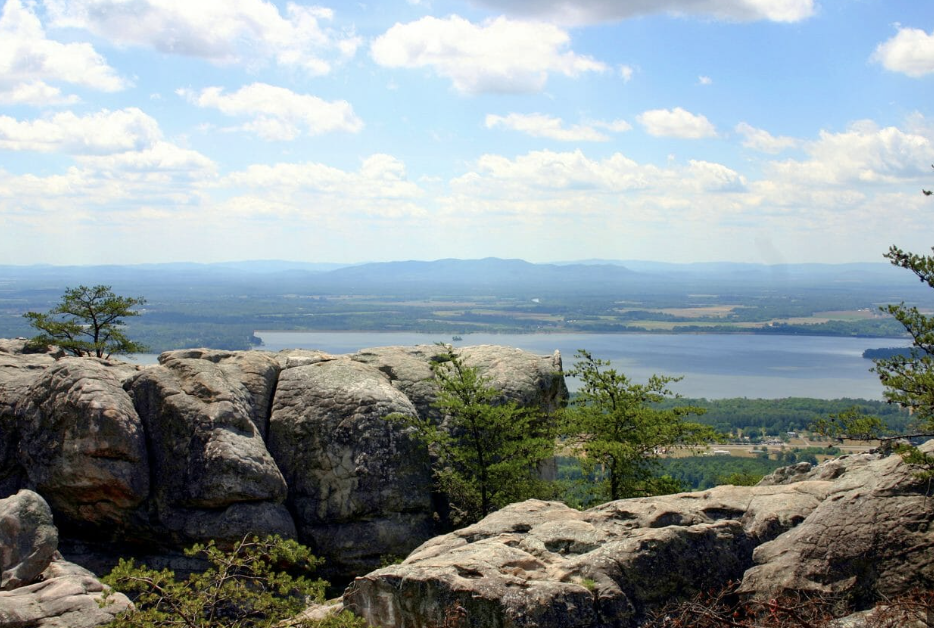 Walking and biking trails through the forested mountain terrain at The Bluffs