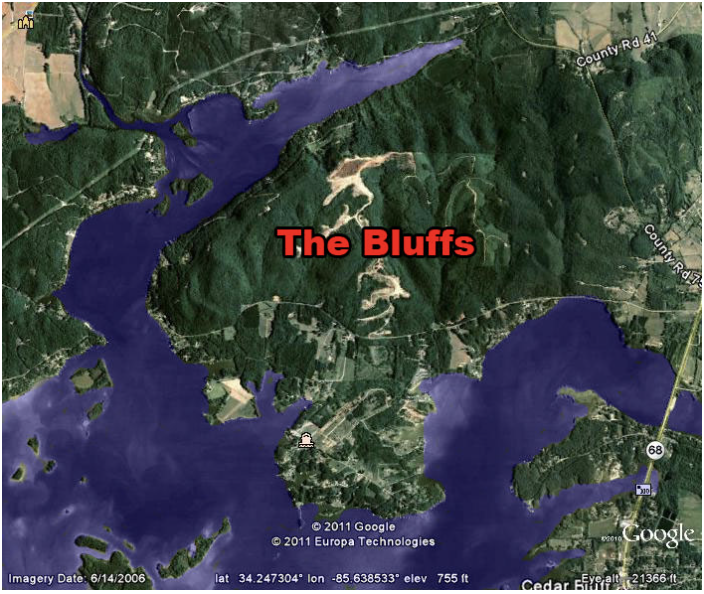 Aerial satellite view of the Weiss Lake peninsula where The Bluffs is located