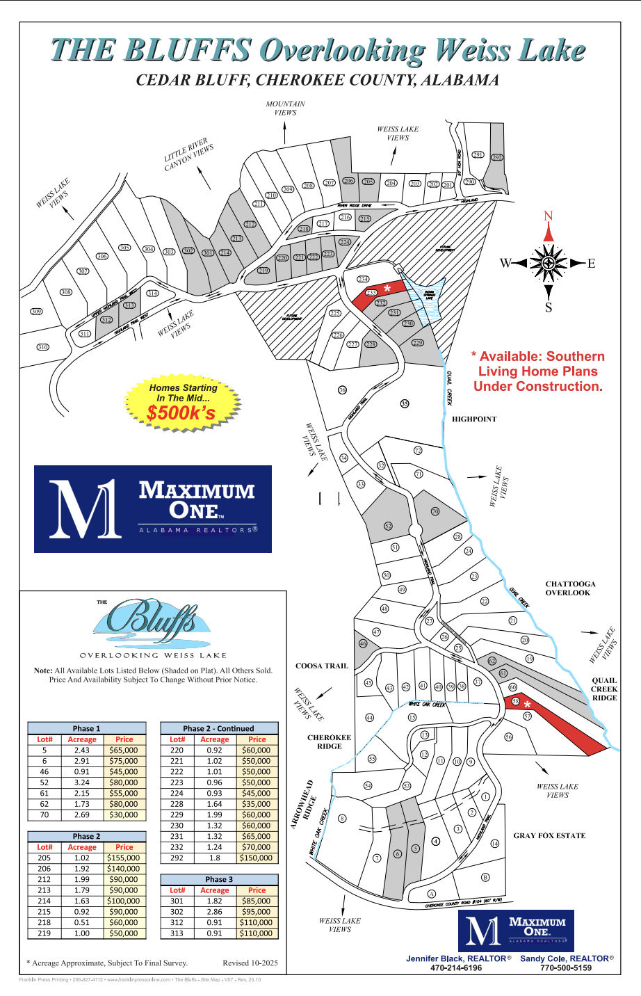 Plat map of The Bluffs, showing Phase 1–3 lots on the Weiss Lake peninsula, Cedar Bluff, Cherokee County, Alabama
